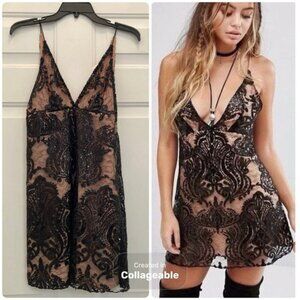 Free People Sequins Lace Black Mini Dress Boho Ethereal Party Feminine Coquette